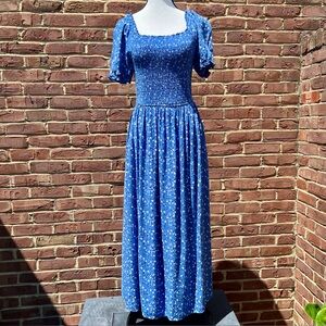 Blue Ditsy Floral Smocked Women's Dress Sz S Y2K Cottagecore Feminine Milkmaid